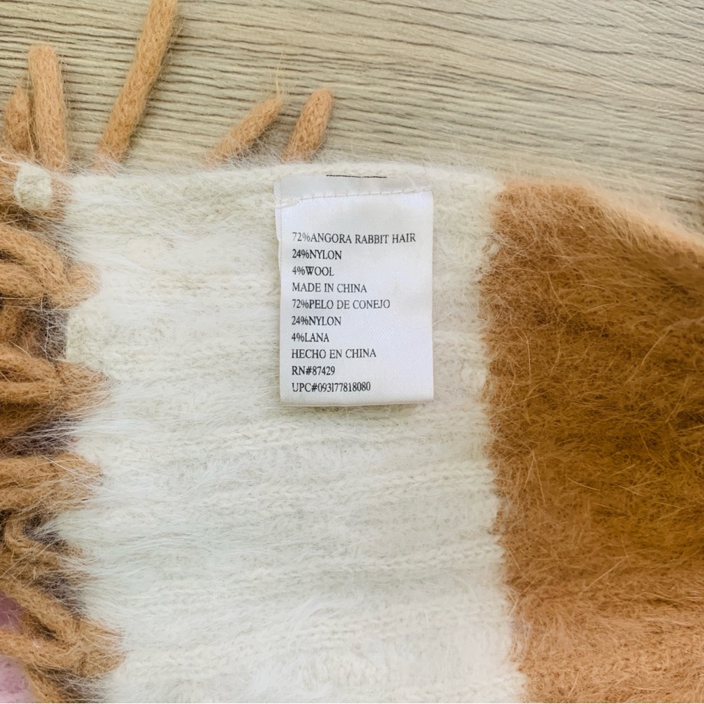 Pink Tan Cream Neutral Striped Angora Rabbit Hair Fringe Cozy Winter Neck Scarf - Picture 3 of 3